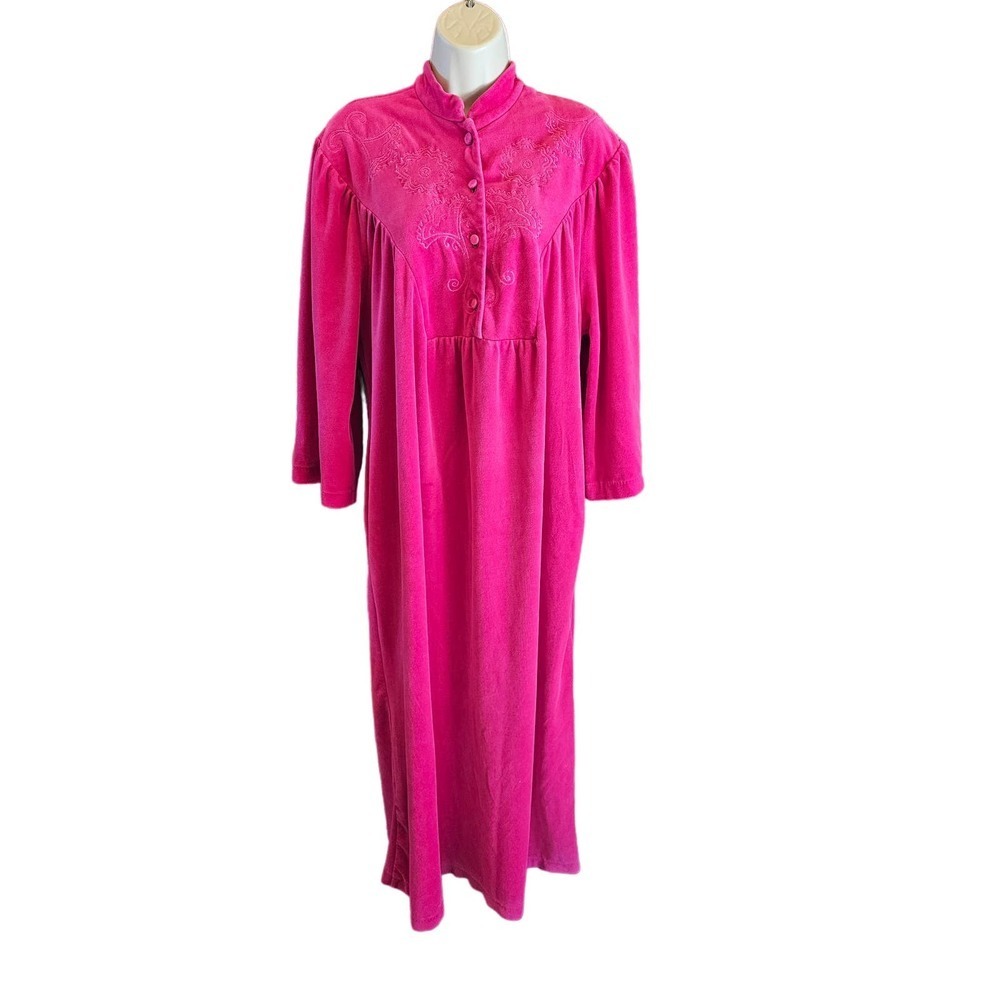 Women's size medium hot pink velour moo moo robe lounge pockets EUC ^